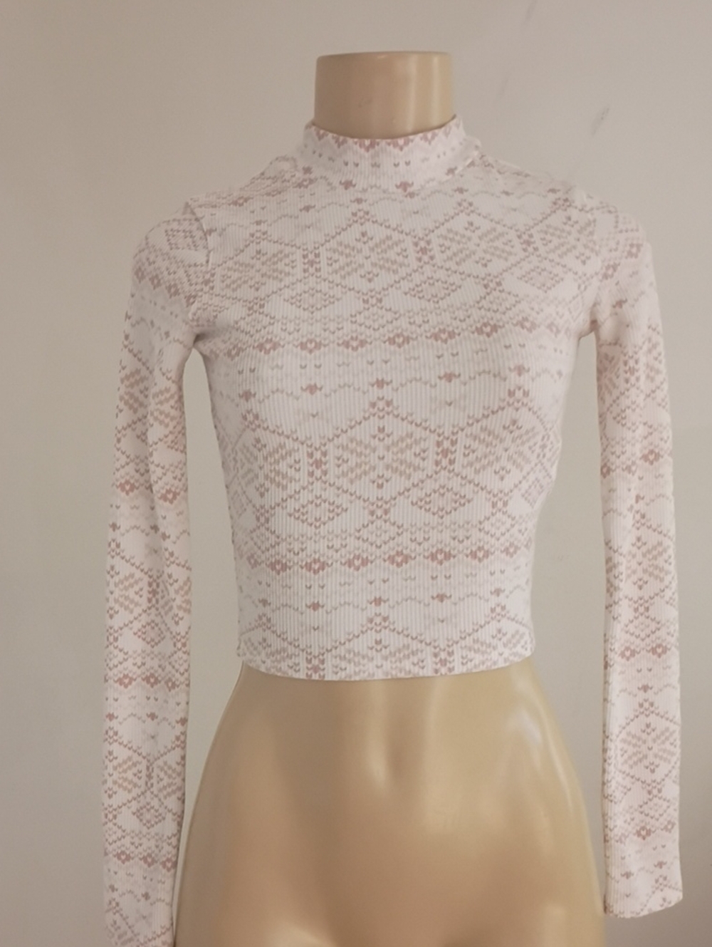Gilly Hicks White and Light Pink Lace-Pattern Mock Neck Long Sleeve Cropped Top